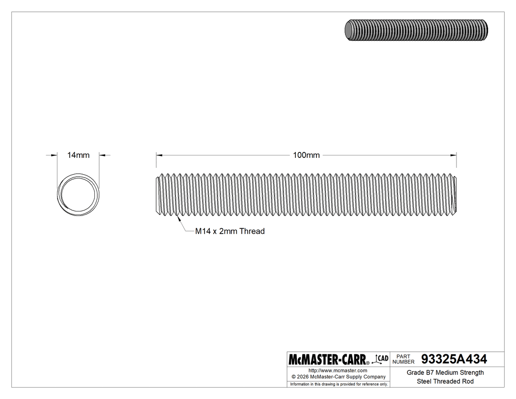 Technical Drawing of Grade B7 Medium Strength Steel Threaded Rod, M14 x 2 mm Thread Size, 100 mm Long.